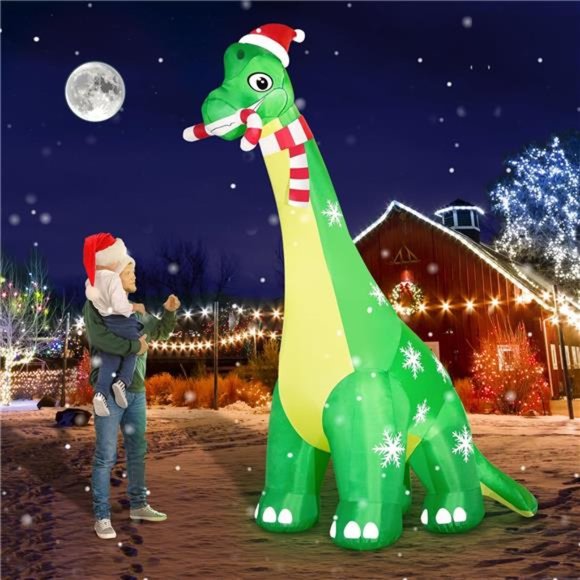 13FT Dinosaur Christmas Inflatable Decor, Built-in LED Lights with Candy Cane